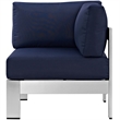 Pemberly Row Fabric Aluminum Outdoor Patio Corner Sofa Chair in Silver/Navy