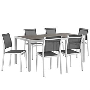 Pemberly Row 7-Piece Outdoor Patio Wood and Aluminum Dining Set in Silver/Black