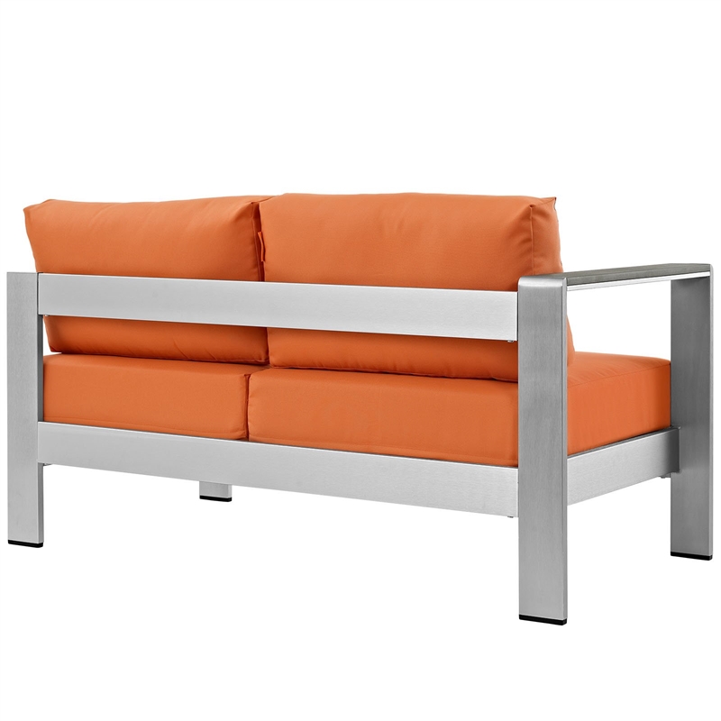 Pemberly Row Fabric Aluminum Outdoor Patio Left Arm Loveseat in Silver/Orange