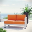 Pemberly Row Fabric Aluminum Outdoor Right Arm Corner Loveseat in Silver/Orange