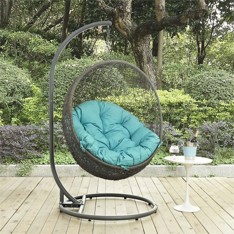 Pemberly Row Steel Rattan Outdoor Patio Swing Chair with Stand in Gray/Turquoise