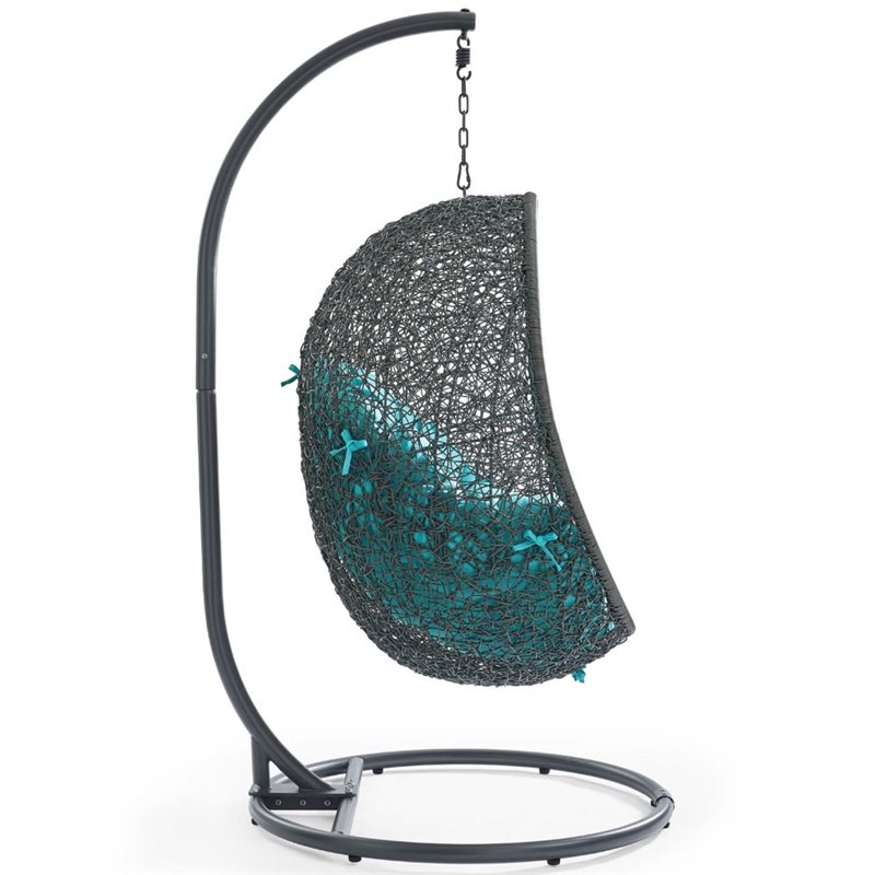 Pemberly Row Steel Rattan Outdoor Patio Swing Chair with Stand in Gray/Turquoise