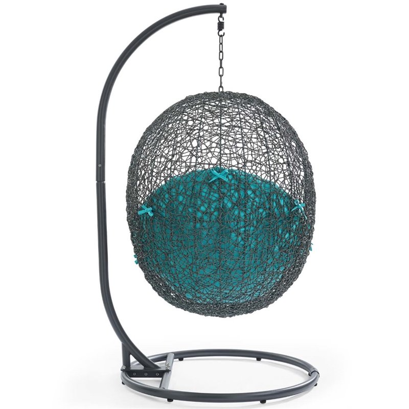 Pemberly Row Steel Rattan Outdoor Patio Swing Chair with Stand in Gray/Turquoise