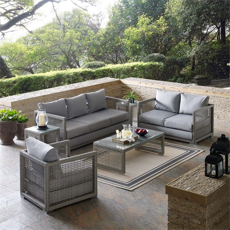 Pemberly Row 6-Piece Outdoor Patio Wicker Rattan Set in Gray Finish