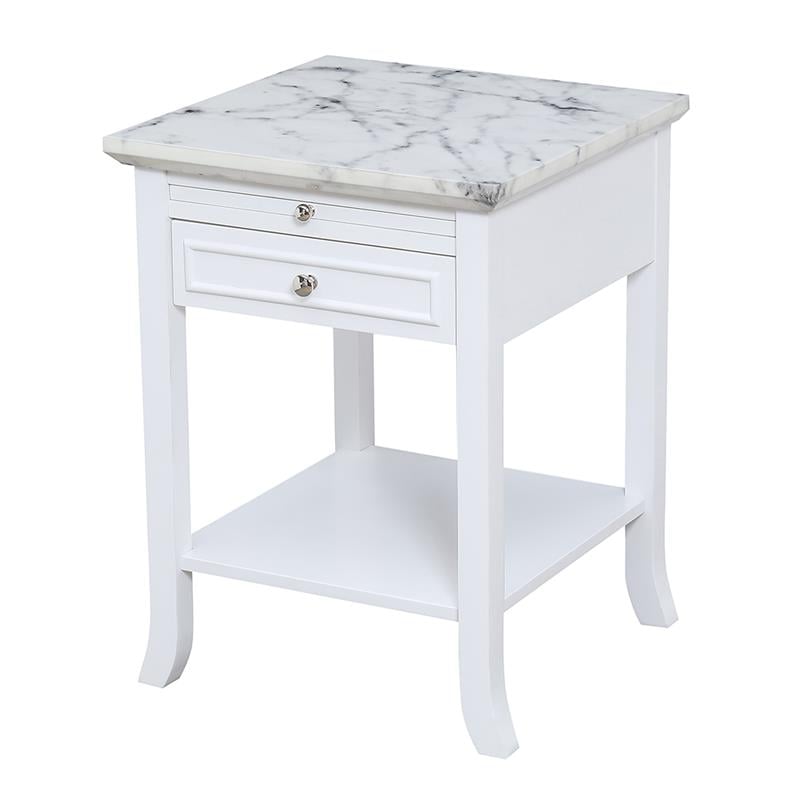 Pemberly Row Traditional End Table in White Wood & Faux Marble Top