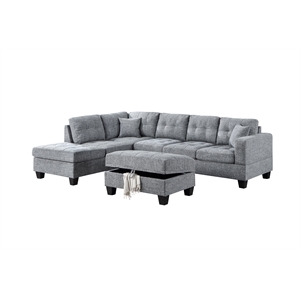 Pemberly Row Reversible Chaise Tweed Sectional with Ottoman in Dark Gray