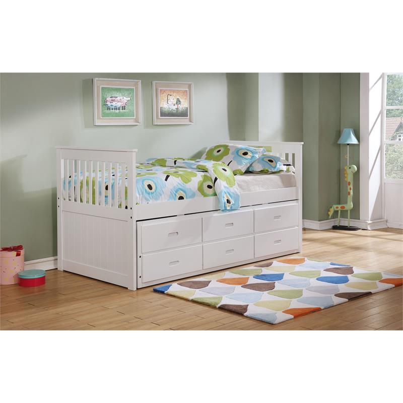 Pemberly Row Solid Wood Twin Captain Bed with Twin Trundle & 3 Drawers in White
