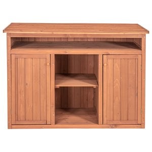 Pemberly Row Wood Short Display and Hideaway Storage Cabinet in Medium Brown