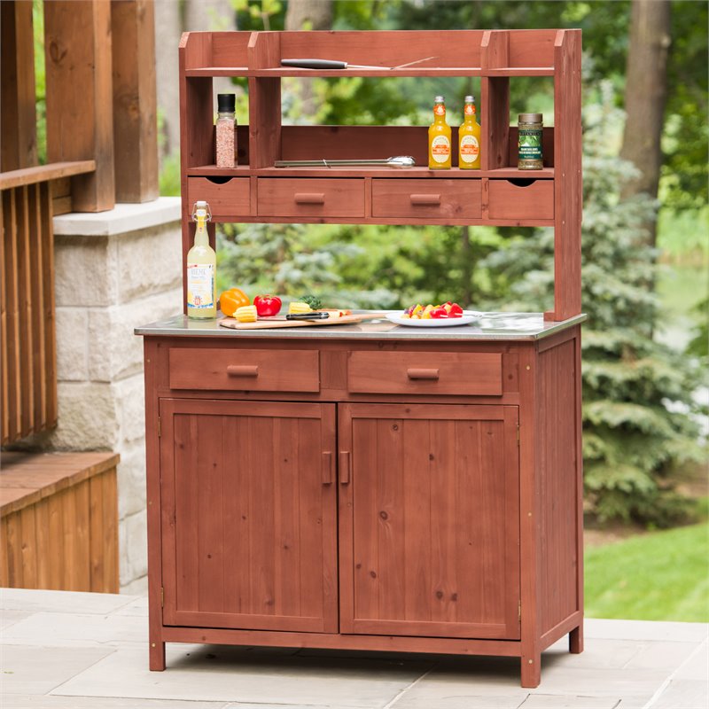 Pemberly Row Outdoor Wood Kitchen Prep Station in Medium Brown