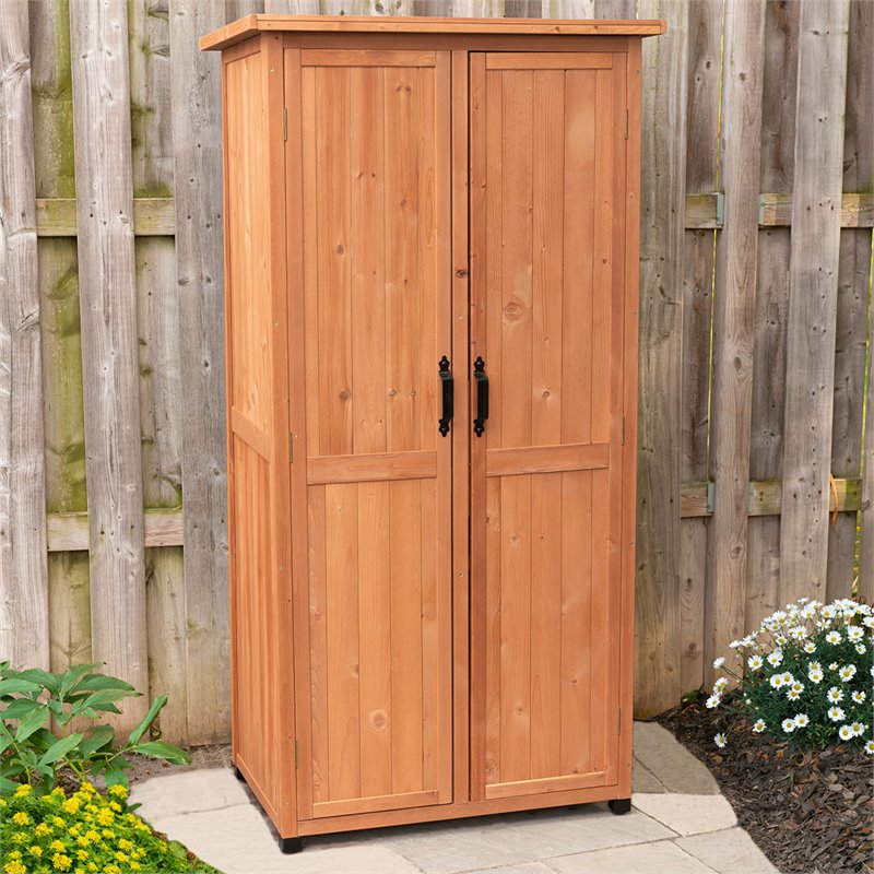 Pemberly Row Farmhouse Wood Vertical Storage Shed in Medium Brown