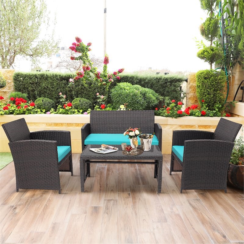Pemberly Row 8 Pieces Rattan Patio Furniture Set with Cushion in Turquoise/Brown