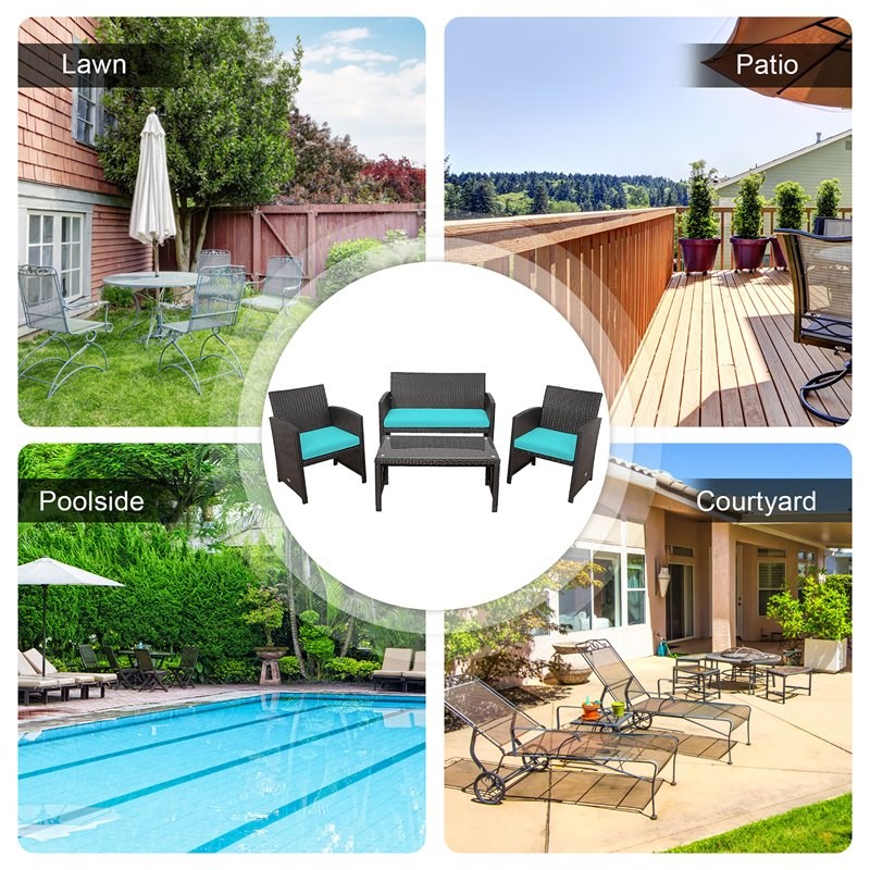 Pemberly Row 8 Pieces Rattan Patio Furniture Set with Cushion in Turquoise/Brown