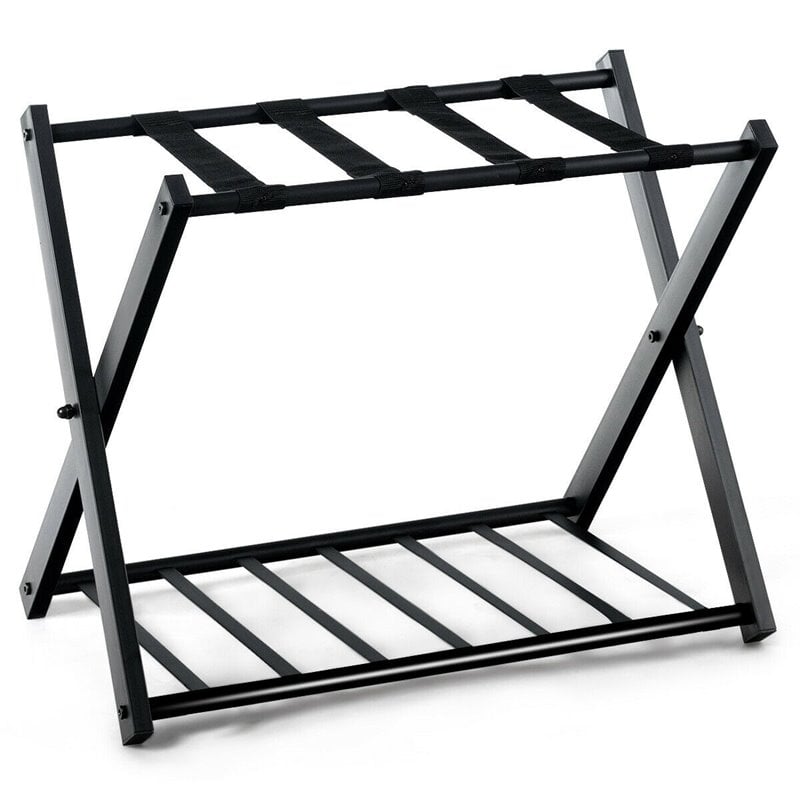 Pemberly Row Folding Luggage Rack w/ Shoe Storage Holder in Black (Set of 2)