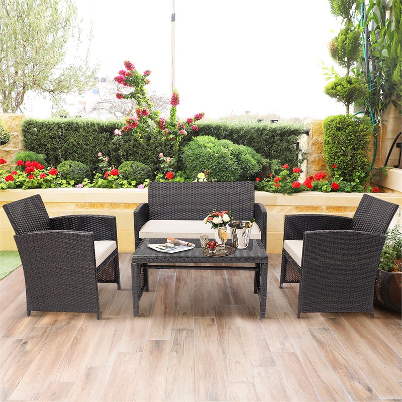 Pemberly Row 8 Pieces Rattan Patio Furniture Set with Cushion in White/Brown