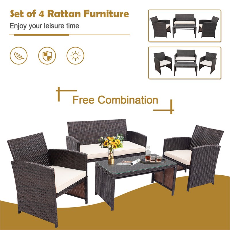 Pemberly Row 8 Pieces Rattan Patio Furniture Set with Cushion in White/Brown