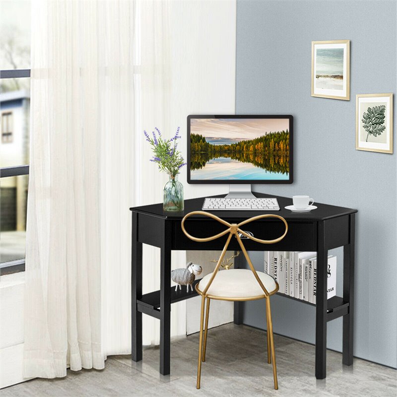 Pemberly Row Contemporary Pine and MDF Corner Computer Desk in Black
