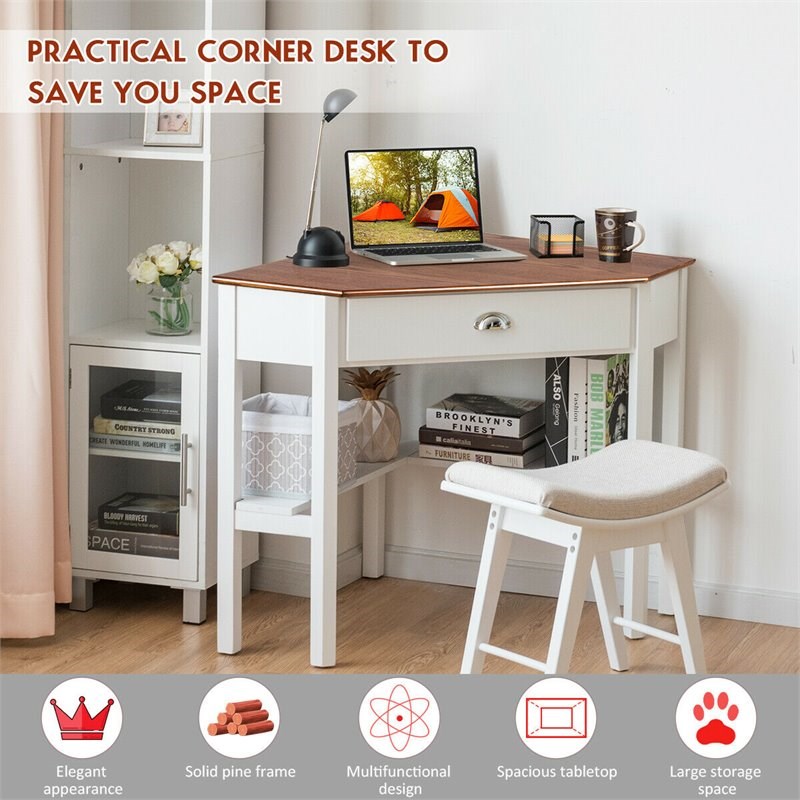 Pemberly Row Contemporary Pine and MDF Corner Computer Desk in Natural/White