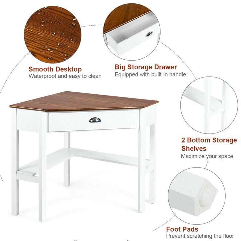 Pemberly Row Contemporary Pine and MDF Corner Computer Desk in Natural/White