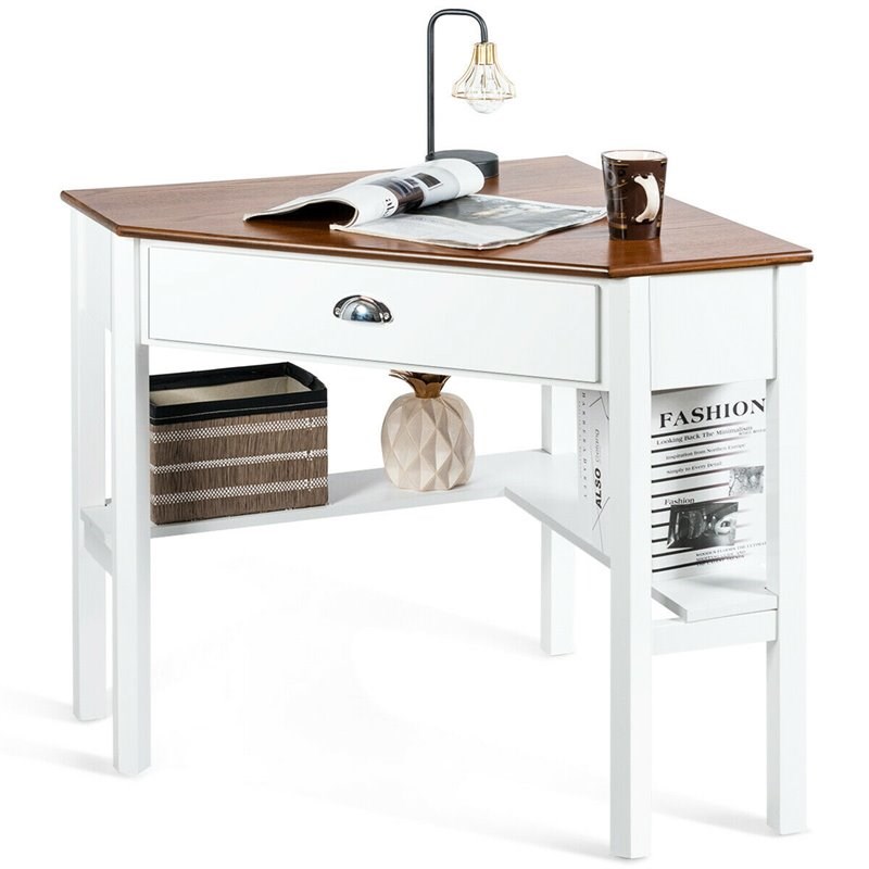 Pemberly Row Contemporary Pine and MDF Corner Computer Desk in Natural/White