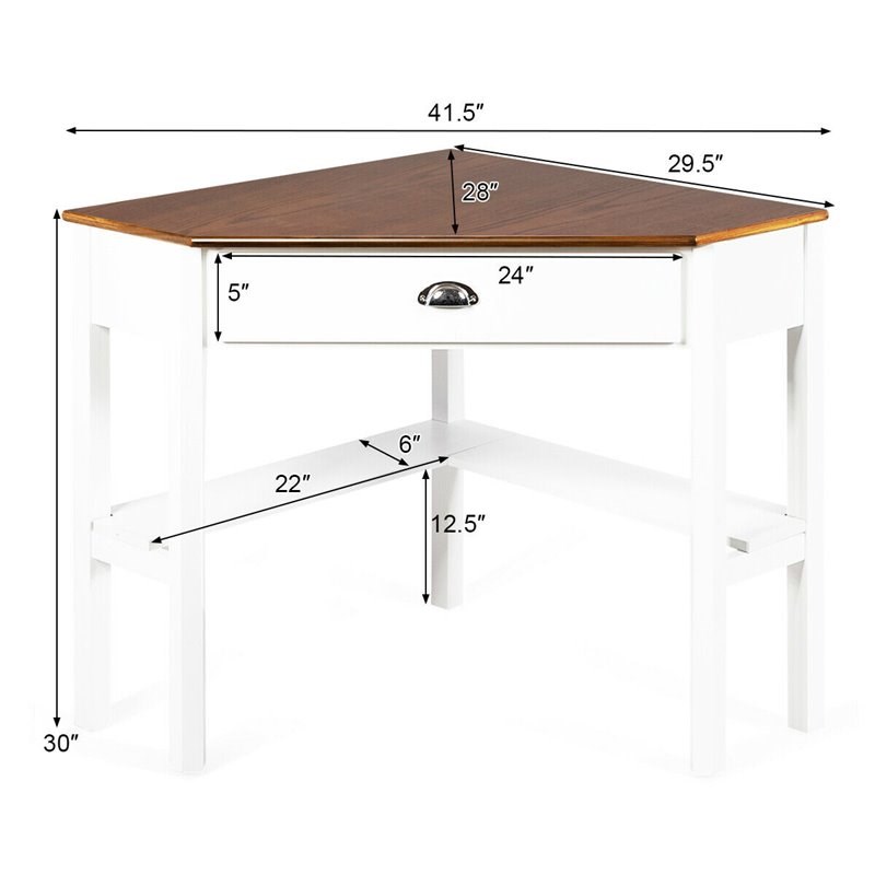 Pemberly Row Contemporary Pine and MDF Corner Computer Desk in Natural/White