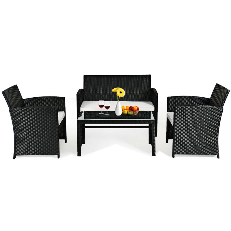 Pemberly Row 4Pcs Wicker Patio Furniture Conversation Set in Black (Set of 4)