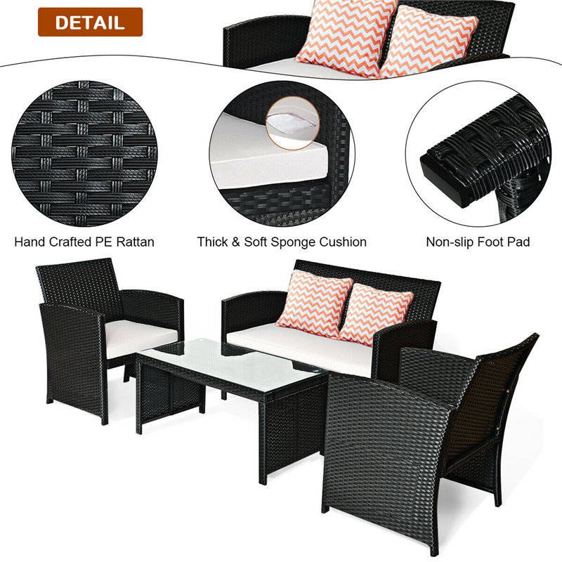 Pemberly Row 4Pcs Wicker Patio Furniture Conversation Set in Black (Set of 4)