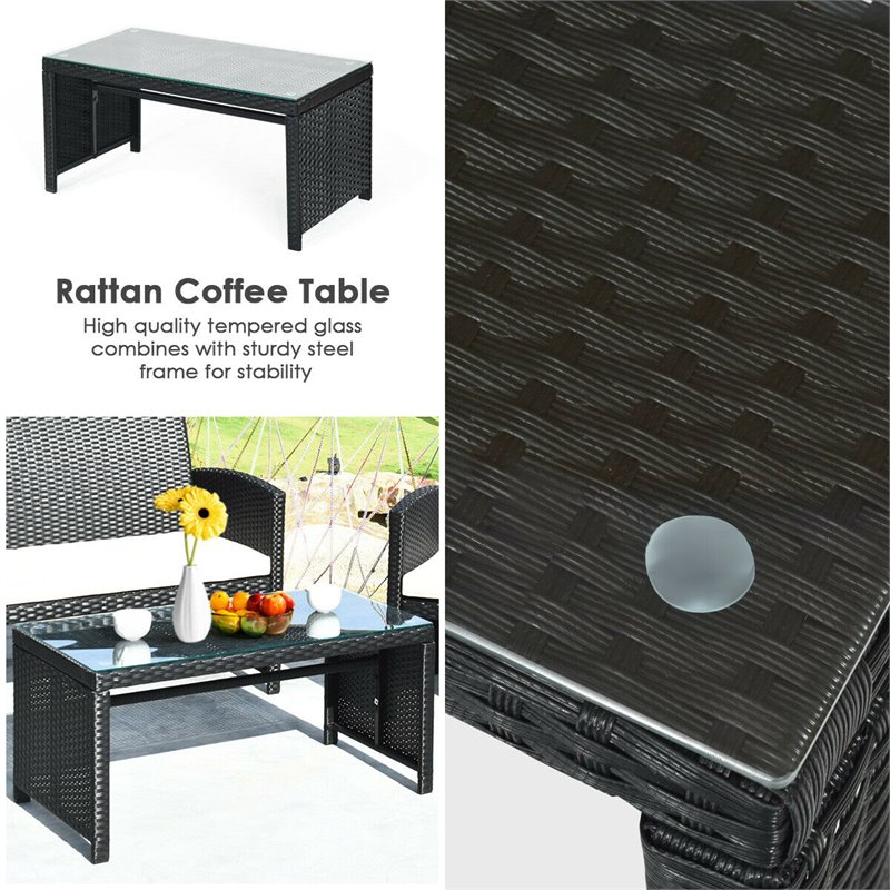 Pemberly Row 4Pcs Wicker Patio Furniture Conversation Set in Black (Set of 4)