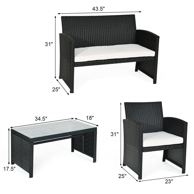 Pemberly Row 4Pcs Wicker Patio Furniture Conversation Set in Black (Set of 4)