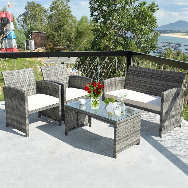 Pemberly Row 4 Pieces Wicker Patio Furniture Set with Cushion Seat in Mix Gray