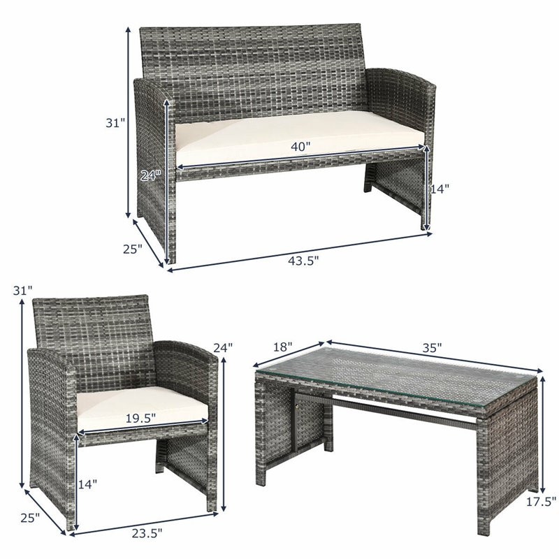 Pemberly Row 4 Pieces Wicker Patio Furniture Set with Cushion Seat in Mix Gray