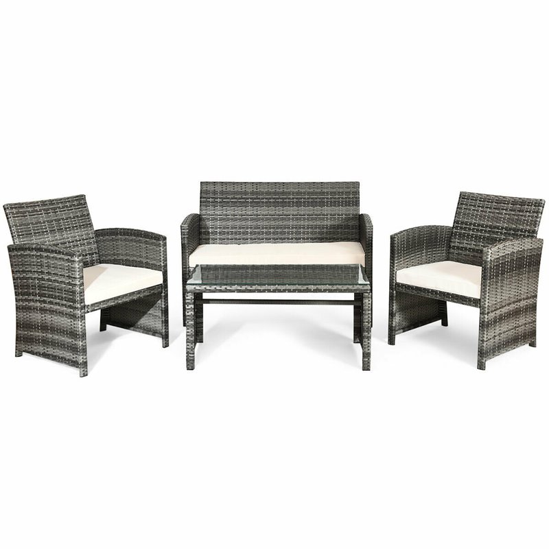 Pemberly Row 4 Pieces Wicker Patio Furniture Set with Cushion Seat in Mix Gray