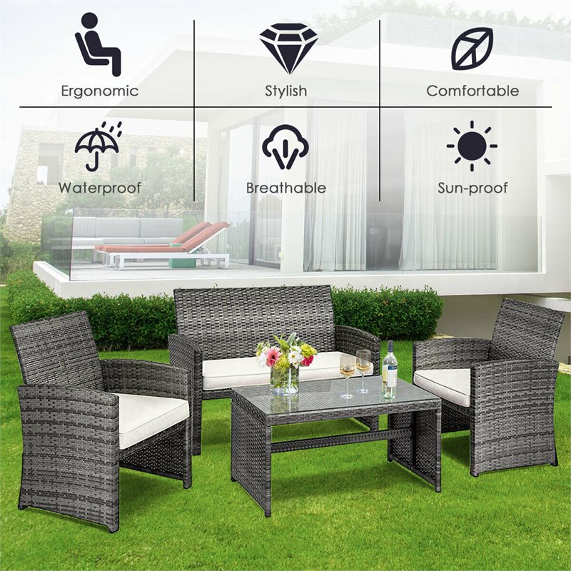 Pemberly Row 4 Pieces Wicker Patio Furniture Set with Cushion Seat in Mix Gray