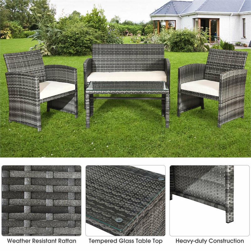 Pemberly Row 4 Pieces Wicker Patio Furniture Set with Cushion Seat in Mix Gray