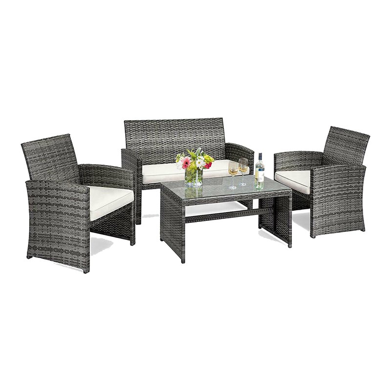 Pemberly Row 4 Pieces Wicker Patio Furniture Set with Cushion Seat in Mix Gray