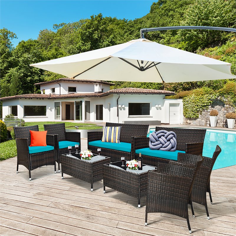 Pemberly Row 8 Pcs Rattan & Fabric Patio Furniture Set with Cushion in Turquoise