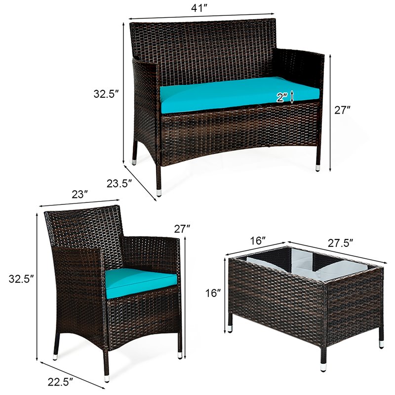 Pemberly Row 8 Pcs Rattan & Fabric Patio Furniture Set with Cushion in Turquoise