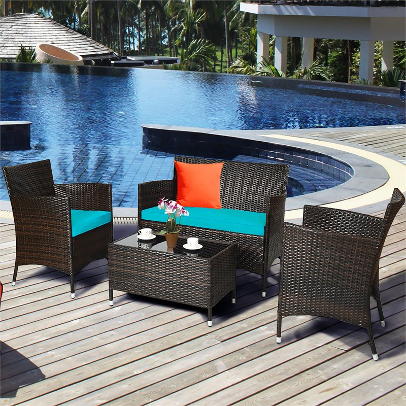 Pemberly Row 8 Pcs Rattan & Fabric Patio Furniture Set with Cushion in Turquoise