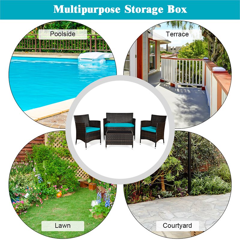 Pemberly Row 8 Pcs Rattan & Fabric Patio Furniture Set with Cushion in Turquoise