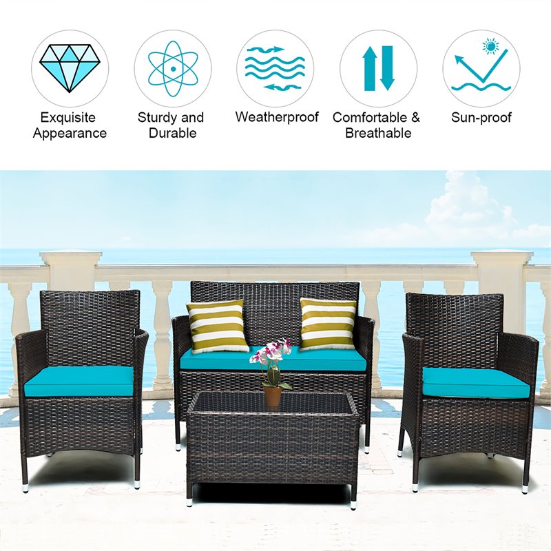 Pemberly Row 8 Pcs Rattan & Fabric Patio Furniture Set with Cushion in Turquoise