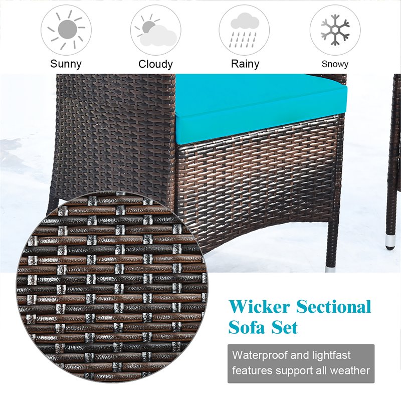 Pemberly Row 8 Pcs Rattan & Fabric Patio Furniture Set with Cushion in Turquoise