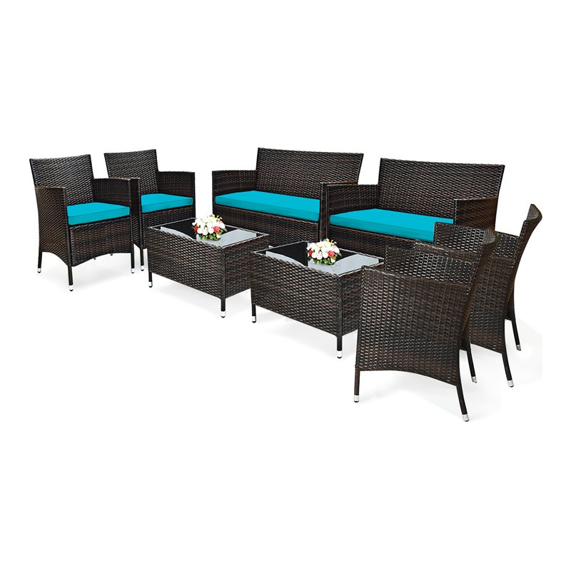 Pemberly Row 8 Pcs Rattan & Fabric Patio Furniture Set with Cushion in Turquoise