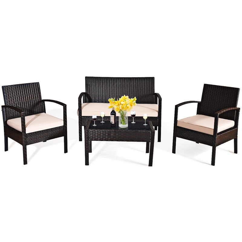 Pemberly Row 8 Pieces Patio Conversation Furniture Set with Cushion in Black