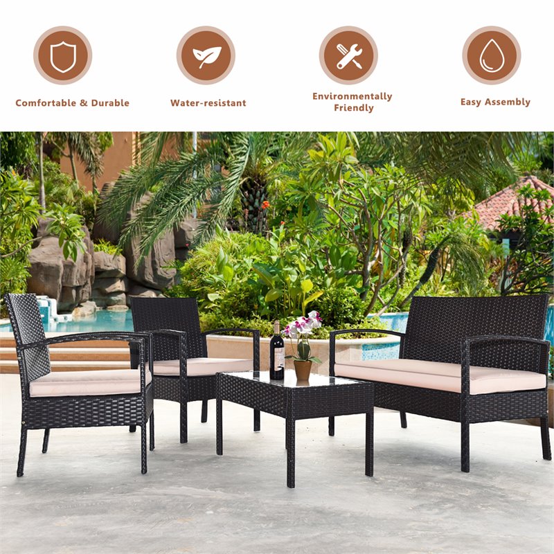 Pemberly Row 8 Pieces Patio Conversation Furniture Set with Cushion in Black
