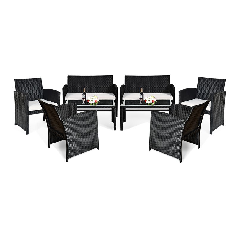 Pemberly Row 8 Pcs Rattan Patio Conversation Furniture Set with Cushion in Black