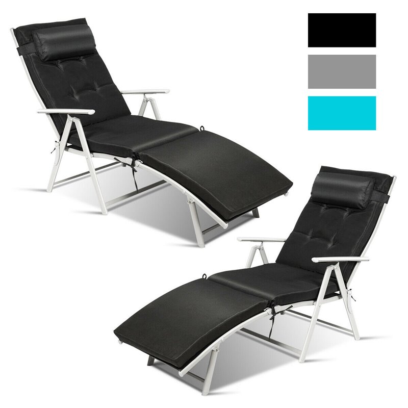 Pemberly Row 2 Pieces Outdoor Folding Chaise Lounge Chair with Cushion in Black