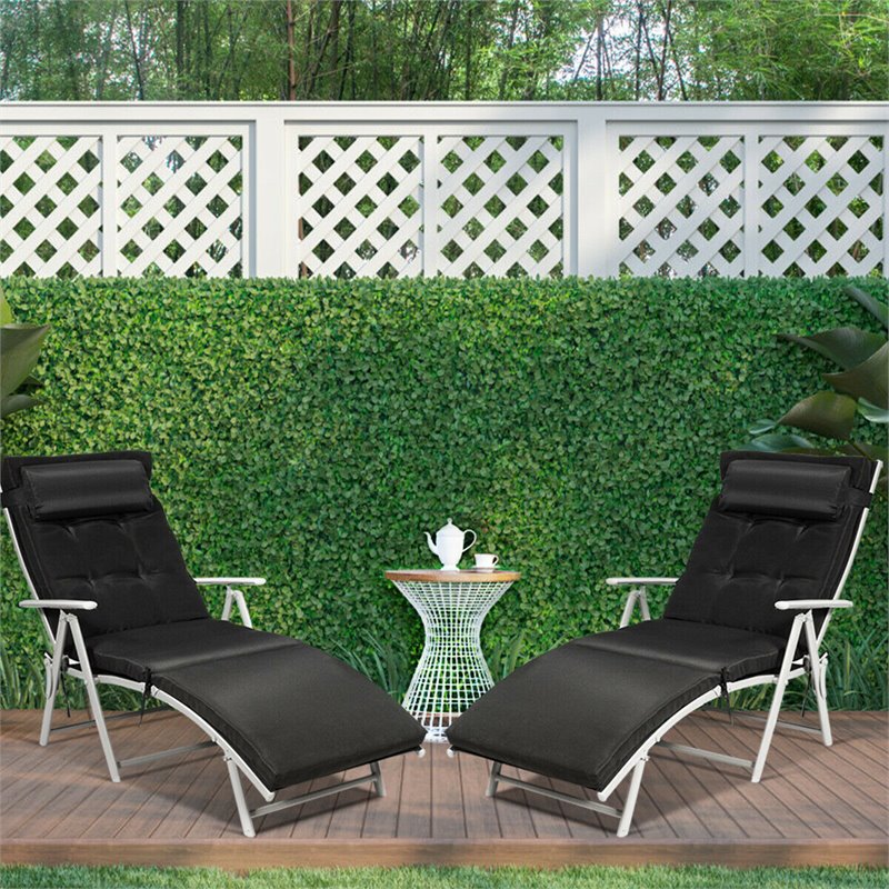 Pemberly Row 2 Pieces Outdoor Folding Chaise Lounge Chair with Cushion in Black