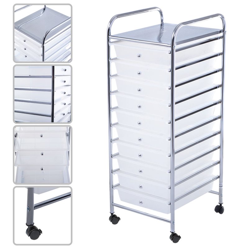 Pemberly Row Metal Scrapbook Paper Rolling Storage Cart with 10 Drawer in Clear