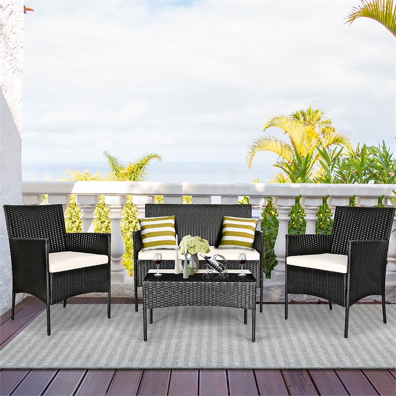 Pemberly Row 8 Pcs Rattan and Fabric Patio Furniture Set with Cushion in White