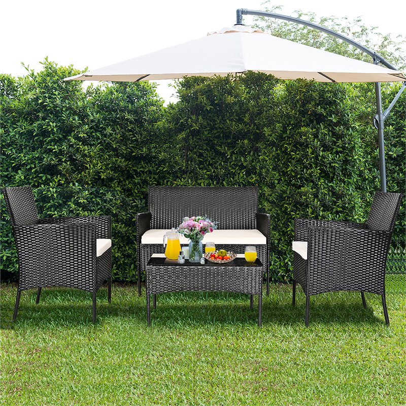 Pemberly Row 8 Pcs Rattan and Fabric Patio Furniture Set with Cushion in White