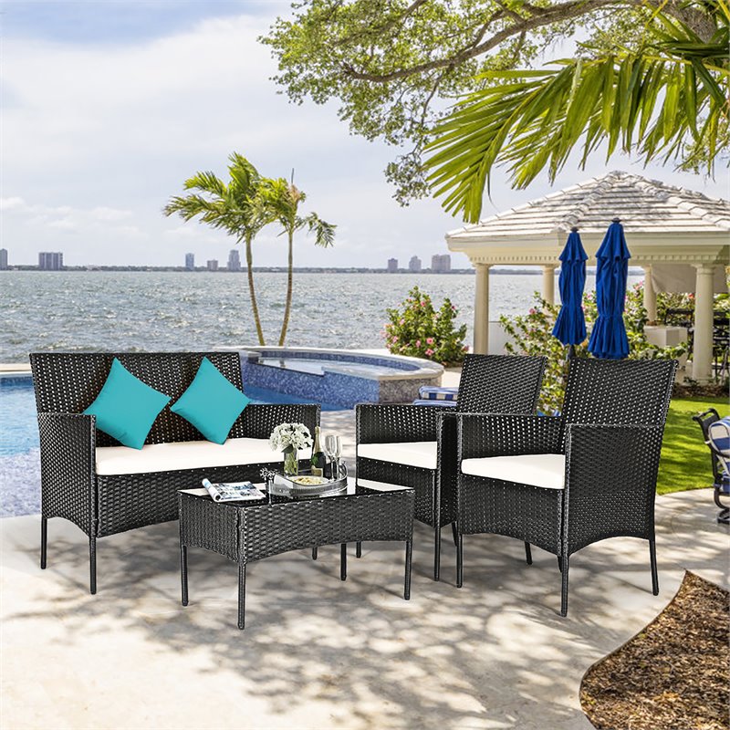 Pemberly Row 8 Pcs Rattan and Fabric Patio Furniture Set with Cushion in White